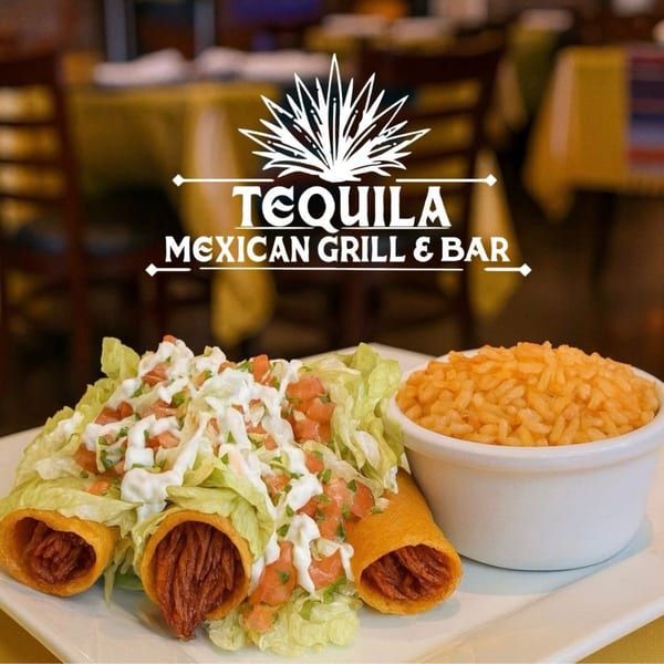Tequila Mexican Grill & Bar's flautas with lettuce, tomato, sour cream, and a side of rice.