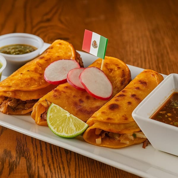 Three Tequila Mexican Grill & Bar birria tacos with radishes, lime, and dipping sauces.