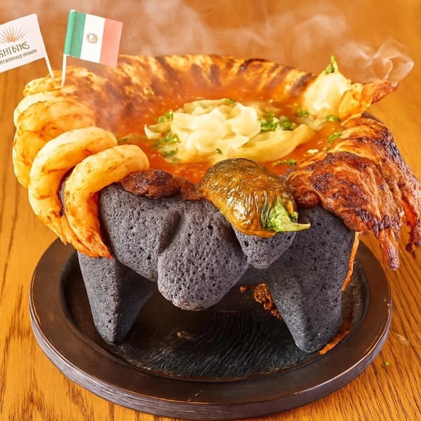 Steaming Mexican molcajete with shrimp, ribs, and chili in a red sauce, garnished with a Mexican flag.