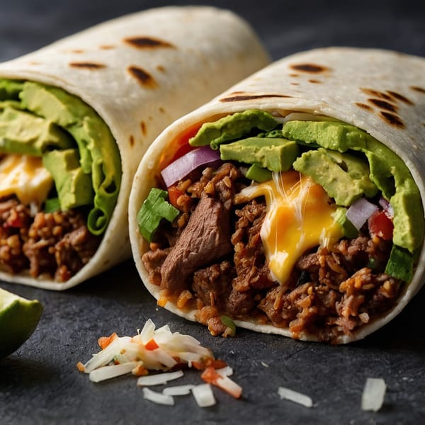 Two Tequila Mexican Grill & Bar burritos, one cut open, revealing steak, rice, avocado, and melted cheese.