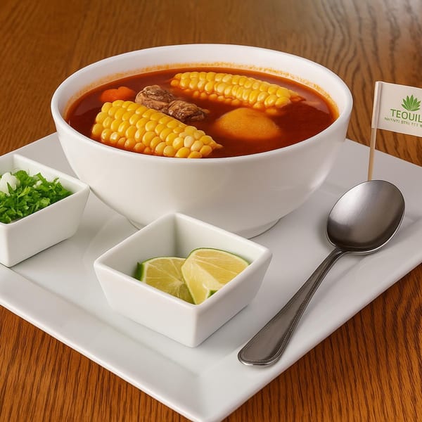 A bowl of Tequila Mexican Grill & Bar's caldo de res with corn, meat, and sides.
