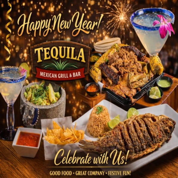 New Year's celebration with Tequila Mexican Grill & Bar food, margaritas, and fireworks.