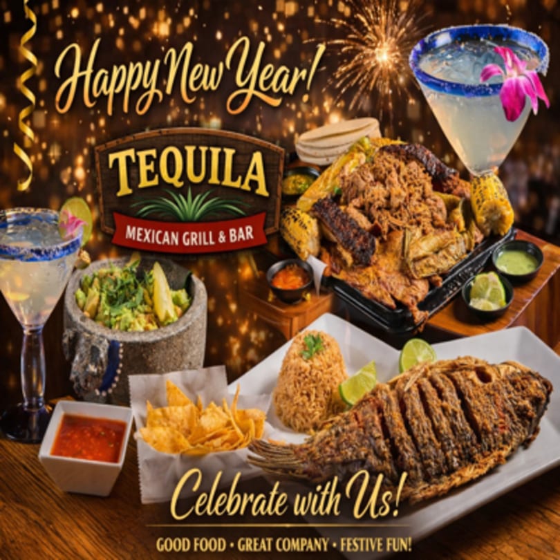 New Year's celebration with Tequila Mexican Grill & Bar food, margaritas, and fireworks.